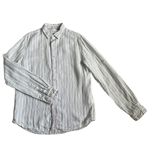 Denim & Flower Ricky Singh 100% Linen Striped Shirt Men’s Size M Roll Tab Sleeve - Picture 1 of 9